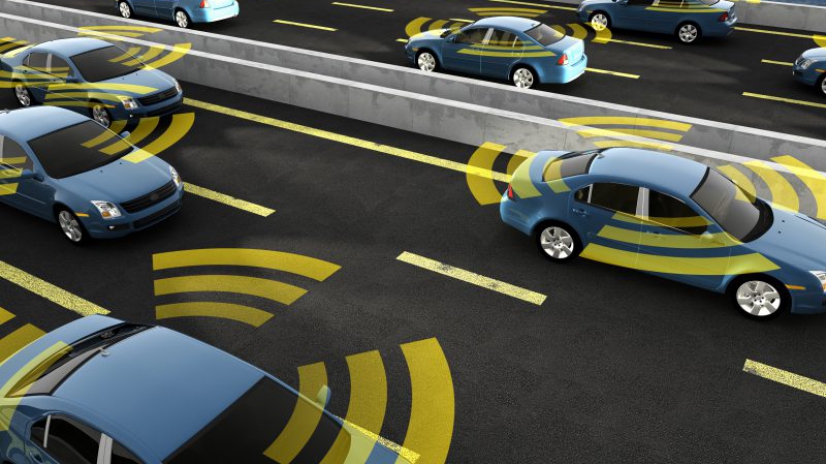 Autonomous cars on a road with visible connection